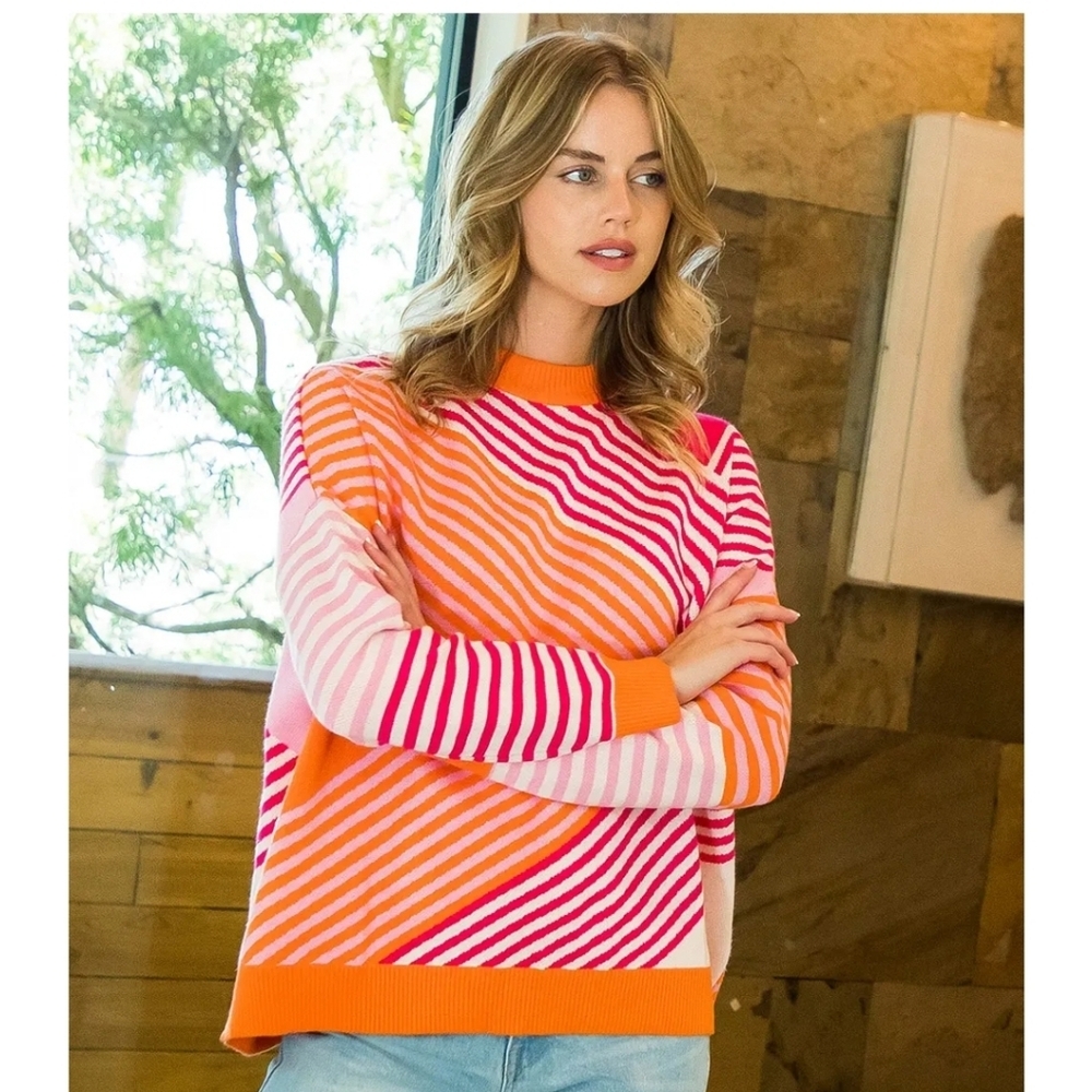 THML Ladies Asymmetrical Stripe Pattern Crew Neck Sweater. Size M